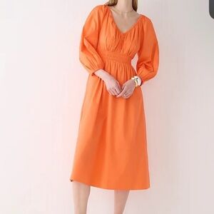J Crew V-neck Midi Dress in Cotton Poplin - Orange